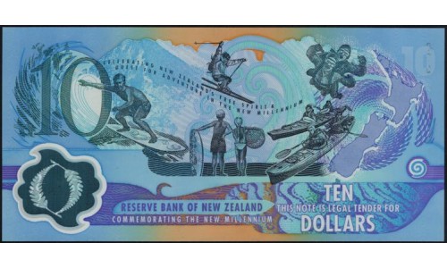 Новая Зеландия 10 долларов 2000 год, полимер пластик, чёрная серия (New Zealand 10 dollars 2000, Polymer plastic, black serial) P 190a: UNC