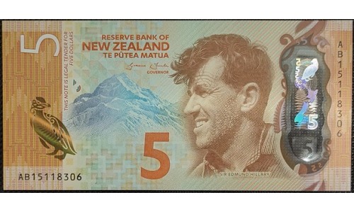 Новая Зеландия 5 долларов 2015 год, полимер пластик (New Zealand 5 dollars 2015, Polymer plastic) P 191 : UNC