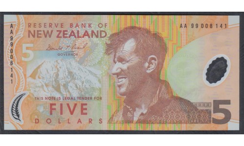 Новая Зеландия 5 долларов 1999 год, CЕрия АА, полимер пластик (New Zealand 5 dollars 1999, Polymer plastic) P 185a: UNC