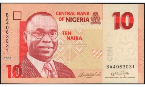 Нигерия 10 найра 2006, серия BA (NIGERIA 10 naira 2006 prefix BA) P 33a : UNC