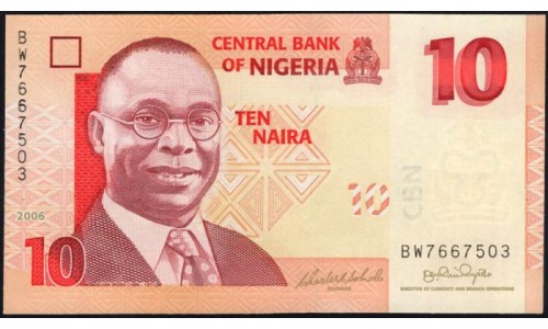 Нигерия 10 найра 2006, серия BW (NIGERIA 10 naira 2006 prefix BA) P 33a : UNC