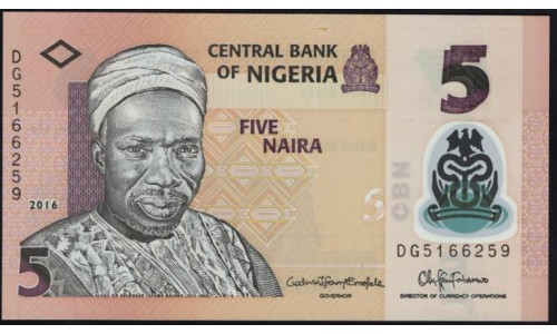 Нигерия 5 найра 2016 (NIGERIA 5 naira 2016) P 38g : UNC