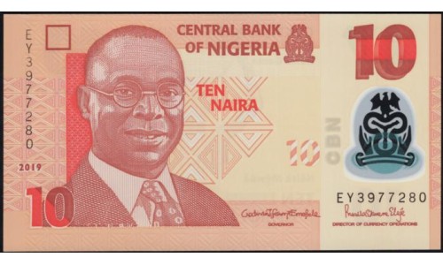Нигерия 10 найра 2019 (NIGERIA 10 naira 2019) P 39 : UNC