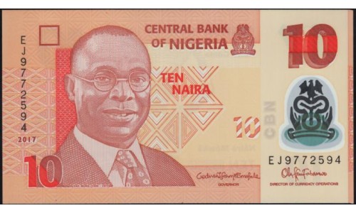 Нигерия 10 найра 2017, красная (NIGERIA 10 naira 2017) P 39h : UNC