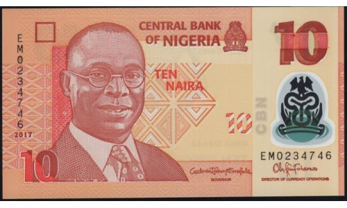 Нигерия 10 найра 2017, бледная (NIGERIA 10 naira 2017) P 39h : UNC