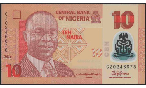 Нигерия 10 найра 2016 (NIGERIA 10 naira 2016) P 39g : UNC