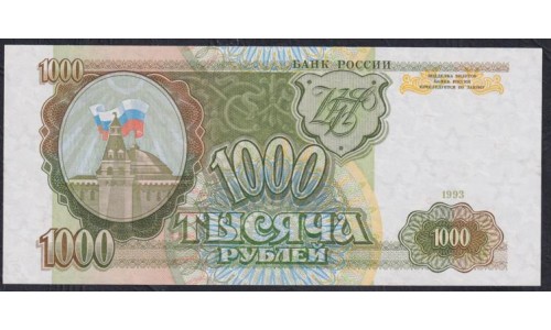 Российская Федерация 1000 рублей 1993 год, Две большие литеры, Серия АМ 5505179, бумага серая В/З Тонкие звёзды вправо(Russia 500 rubles 1993, gray paper, Watermark: Thin  stars to the right) P 257(2): UNC