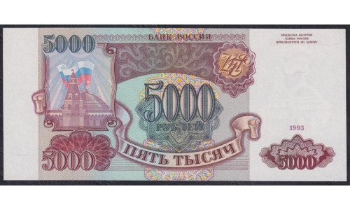 Российская Федерация 5000 рублей 1993 год, Две большие литеры, ВЗ 8961495 бумага серая (Russia 5000 rubles 1993, gray paper) P 258a(2): UNC