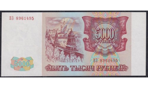 Российская Федерация 5000 рублей 1993 год, Две большие литеры, ВЗ 8961495 бумага серая (Russia 5000 rubles 1993, gray paper) P 258a(2): UNC