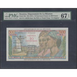 Реюньон 500 франков 10 новых франков ND (1971) (REUNION 1000 francs 20 New Francs ND (1971) P 54b: UNC PMG 67 EPQ, Great Embossing