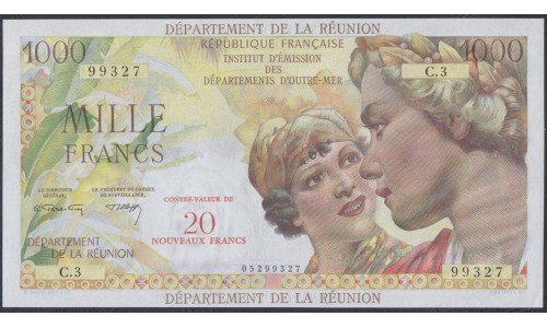 Реюньон 1000 франков 20 новых франков ND (1967 -  71 г.) (REUNION 1000 francs 20 New Francs ND (1967 - 71) P 55b: UNC 