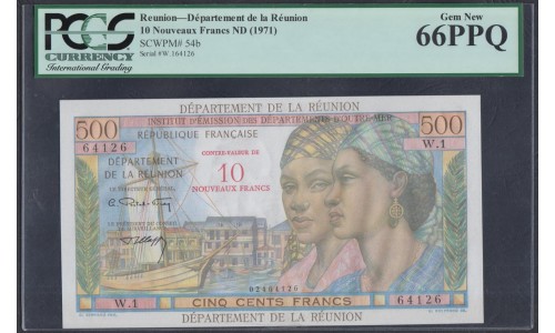 Реюньон 500 франков 10 новых франков ND (1971) (REUNION 1000 francs 20 New Francs ND (1971) P 54b: UNC PCGS 66