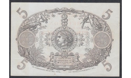 Реюньон 5 франков 1901 (1930-1944) 	 (RÉUNION 5 Francs Banque de la Réunion  Date	 L. 1901 (1930-1944): UNC 