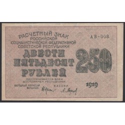 Россия СССР  250 рублей  1919 года РСФСР, кассир Барышев, В/З 250 диагональ вправо, серия АВ-008, №19 (250 Rubles 1919,  Watermark: 250) P 102а: aUNC