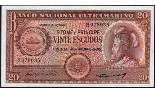 Сан-Томе и Принсипи 20 эскудо 1958 года (Saint Thomas and Prince 20 escudos 1958) P 36a(1) : UNC