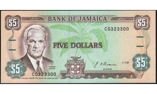 Ямайка 5 долларов 1991 (Jamaica 5 Dollars 1991) P 70d: UNC