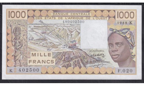 Сенегал 1000 франков 1988 год, 402500(BANQUE CENTRALE DES ETATS DE L'AFRIQUE DE L'OUEST (Senegal) 1000 francs 1981 ) P 707Ka: UNC