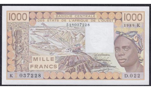 Сенегал 1000 франков 1989 год, K 037228 (BANQUE CENTRALE DES ETATS DE L'AFRIQUE DE L'OUEST (Senegal) 1000 francs 1989) P 707Ki: UNC