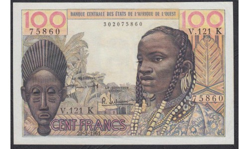 Сенегал 100 франков с датой! 20-3-1961 (BANQUE CENTRALE DES ETATS DE L'AFRIQUE DE L'OUEST (Senegal) 100 francs 20-3-1961) P 701Ka: XF/aUNC