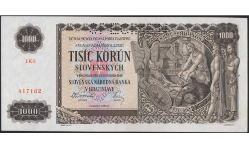 Словакия 1000 крон 1940 образец (Slovakia 1000 korun 1940 specimen) P 13s : Unc