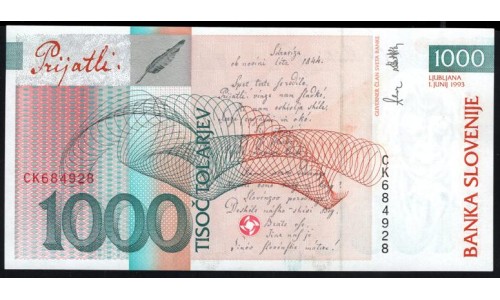 Словения 1000 толаров 1993 год, с УФ (Slovenia 1000 tolars 1993, Whith UF) P 18b UNC
