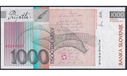 Словения 1000 толаров 1992 год (Slovenia 1000 tolars 1992) P 17a: UNC