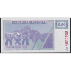 Словения 0.5 толар 1990 года, РЕДКИЕ, AA 4000202 (Slovenia 0.5 tolar 1990) P 1A: UNC