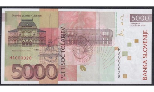 Словения 5000 толаров 2000 года, HA 000028!!! Из первой сотни! (Slovenia 5000 tolars 2000) P 23: UNC 