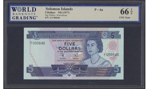 Соломоновы Острова 5 долларов 1977 года (Solomon Islands 5 dollars 1977) P 6a: UNC WBG 66 TOP
