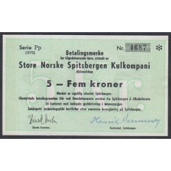 Шпицберген Норвегия  5 крон 1955/56 года (SPITZBERGEN 5 Kroner Store Norske Spitsbergen Kulkompani  1955/1956  Purpose for purchases of goods in shops of the Store Norske Spitsbergen Kulkompani (Great Norwegian Spitzbergen Coal Company) : UNC