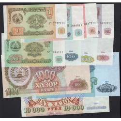 Таджикистан набор 1-10000 рублей 1994 (Tajikistan set 1-10000 rubles 1994) P 1a-9Ba : UNC