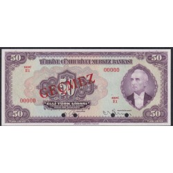 Турция 50 лир 1930 год, ОБРАЗЕЦ, Принтер ABNC (Turkey 50 Türk Lirası 1930, printed ABNC) P 142AS: UNC