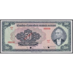 Турция 50 лир 1930 год, ОБРАЗЕЦ, Принтер ABNC (Turkey 50 Türk Lirası 1930, printed ABNC) P 143s: UNC