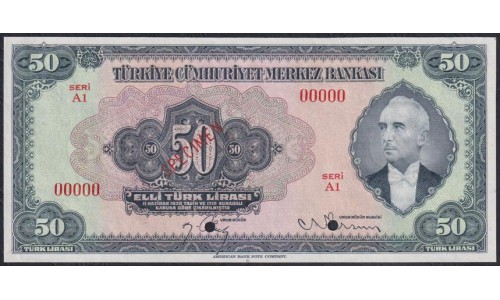 Турция 50 лир 1930 год, ОБРАЗЕЦ, Принтер ABNC (Turkey 50 Türk Lirası 1930, printed ABNC) P 143s: UNC
