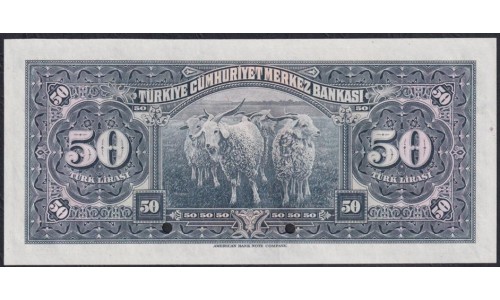 Турция 50 лир 1930 год, ОБРАЗЕЦ, Принтер ABNC (Turkey 50 Türk Lirası 1930, printed ABNC) P 143s: UNC