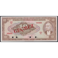 Турция 10 лир 1930 год, ОБРАЗЕЦ, Принтер ABNC (Turkey 10 Türk Lirası 1930, printed ABNC) P 148s: UNC