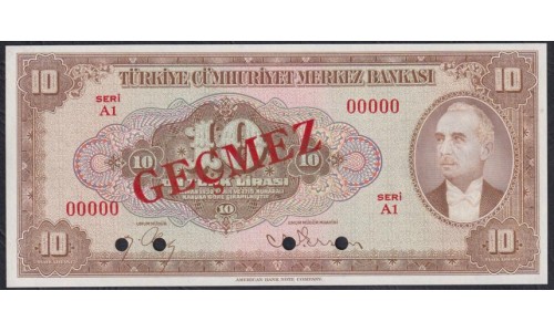 Турция 10 лир 1930 год, ОБРАЗЕЦ, Принтер ABNC (Turkey 10 Türk Lirası 1930, printed ABNC) P 148s: UNC
