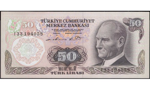 Турция 50 лир 1970 (1976) год (Turkey 50 lira 1970 (1976) year) P 188(1) : Unc