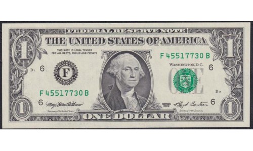 США 1 доллар 1993 г. Серия F (UNITED STATES OF AMERICA 1 Dollar 1993, Seria F) P 490a: UNC
