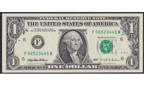 США 1 доллар 1995 г. Серия F (UNITED STATES OF AMERICA 1 Dollar 1995, Seria F) P 496a: UNC