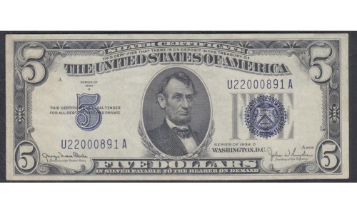 США 5 долларов 1934 D, серебряный сертификат (UNITED STATES OF AMERICA  5 Dollars 1934 D, Silver Certificate) P 414: XF+