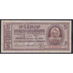 Украина СССР фашистская оккупация 5 карбованцев 1942 года, Ровно, 22.0466136 (5 Karbowanez Zentralnotenbank Ukraine 10.03.1942, ROWNO) P 51: aUNC