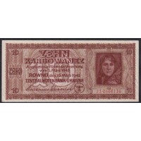 Украина СССР фашистская оккупация 10 карбованцев 1942 года, Ровно, 22.0466136 (10 Karbowanez Zentralnotenbank Ukraine 10.03.1942, ROWNO) P 52: aUNC/UNC