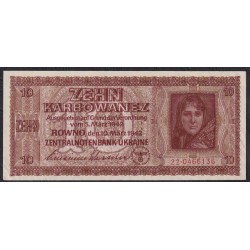 Украина СССР фашистская оккупация 10 карбованцев 1942 года, Ровно, 22.0466136 (10 Karbowanez Zentralnotenbank Ukraine 10.03.1942, ROWNO) P 52: aUNC/UNC