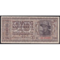 Украина СССР фашистская оккупация 20 карбованцев 1942 года, Ровно, 37.476007 (20 Karbowanez Zentralnotenbank Ukraine 10.03.1942, ROWNO) P 53: VF