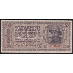 Украина СССР фашистская оккупация 20 карбованцев 1942 года, Ровно, 37.476007 (20 Karbowanez Zentralnotenbank Ukraine 10.03.1942, ROWNO) P 53: VF