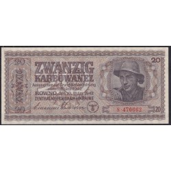 Украина СССР фашистская оккупация 20 карбованцев 1942 года, Ровно, 8.470662 (20 Karbowanez Zentralnotenbank Ukraine 10.03.1942, ROWNO) P 53: UNC