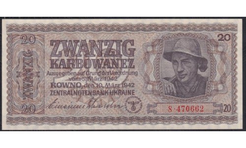 Украина СССР фашистская оккупация 20 карбованцев 1942 года, Ровно, 8.470662 (20 Karbowanez Zentralnotenbank Ukraine 10.03.1942, ROWNO) P 53: UNC