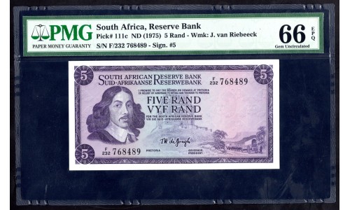 ЮАР 5 рэнд  1975 года (SOUTH AFRICA 5 rand  1975) P111с: UNC 66 greid slab
