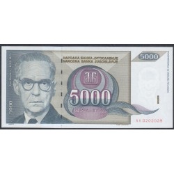 Югославия 5000 динар 1992 года, Серия АА (Yugoslavia 5000 dinars 1992) P 115: UNC